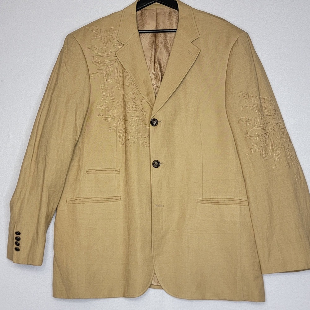 Mens Tan Linen Blend Embroidered Blazer Sport Coat Khaki 44 XL